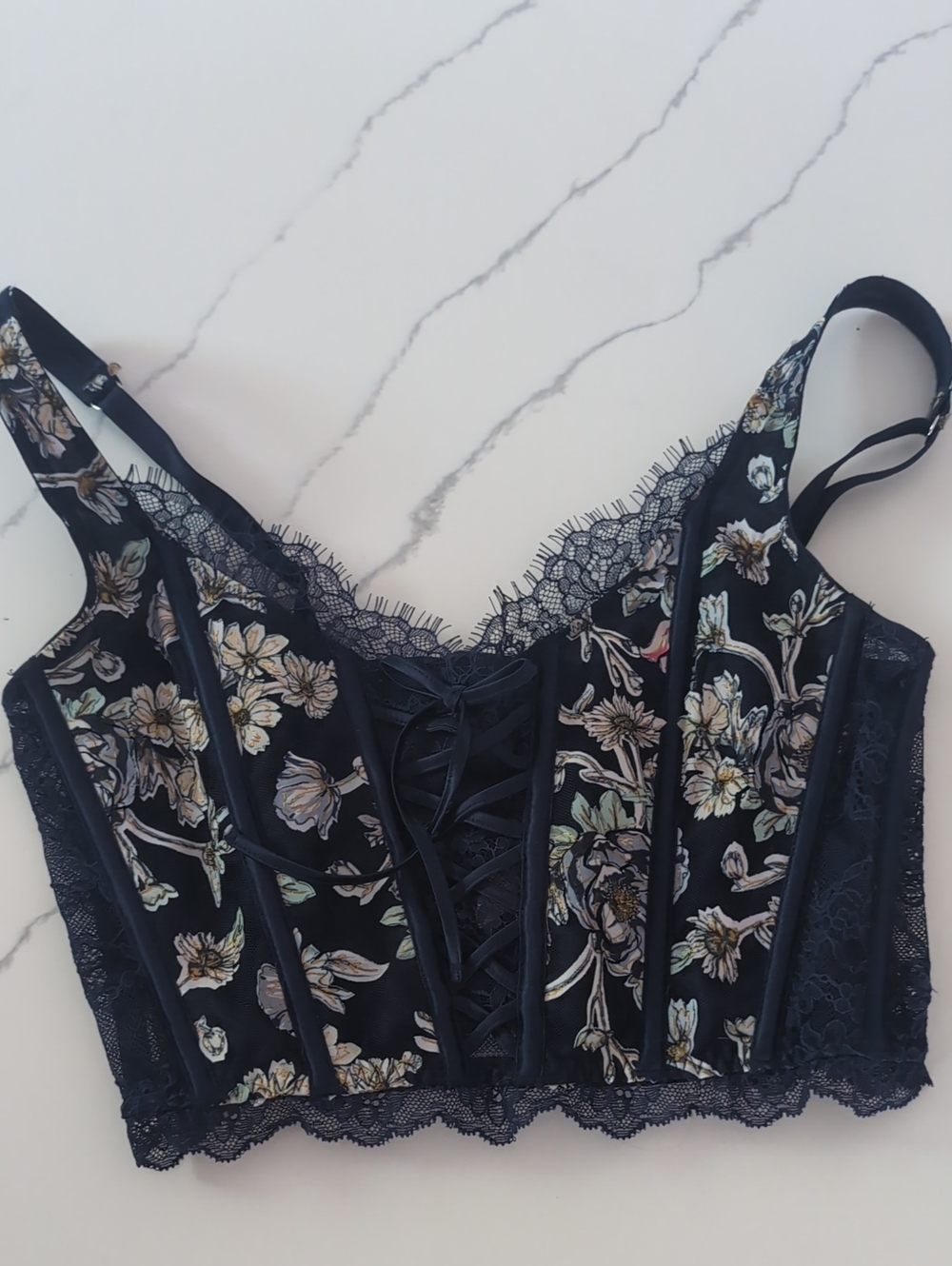 Floral Lace-Trim Bustier Crop Top - Navy Floral